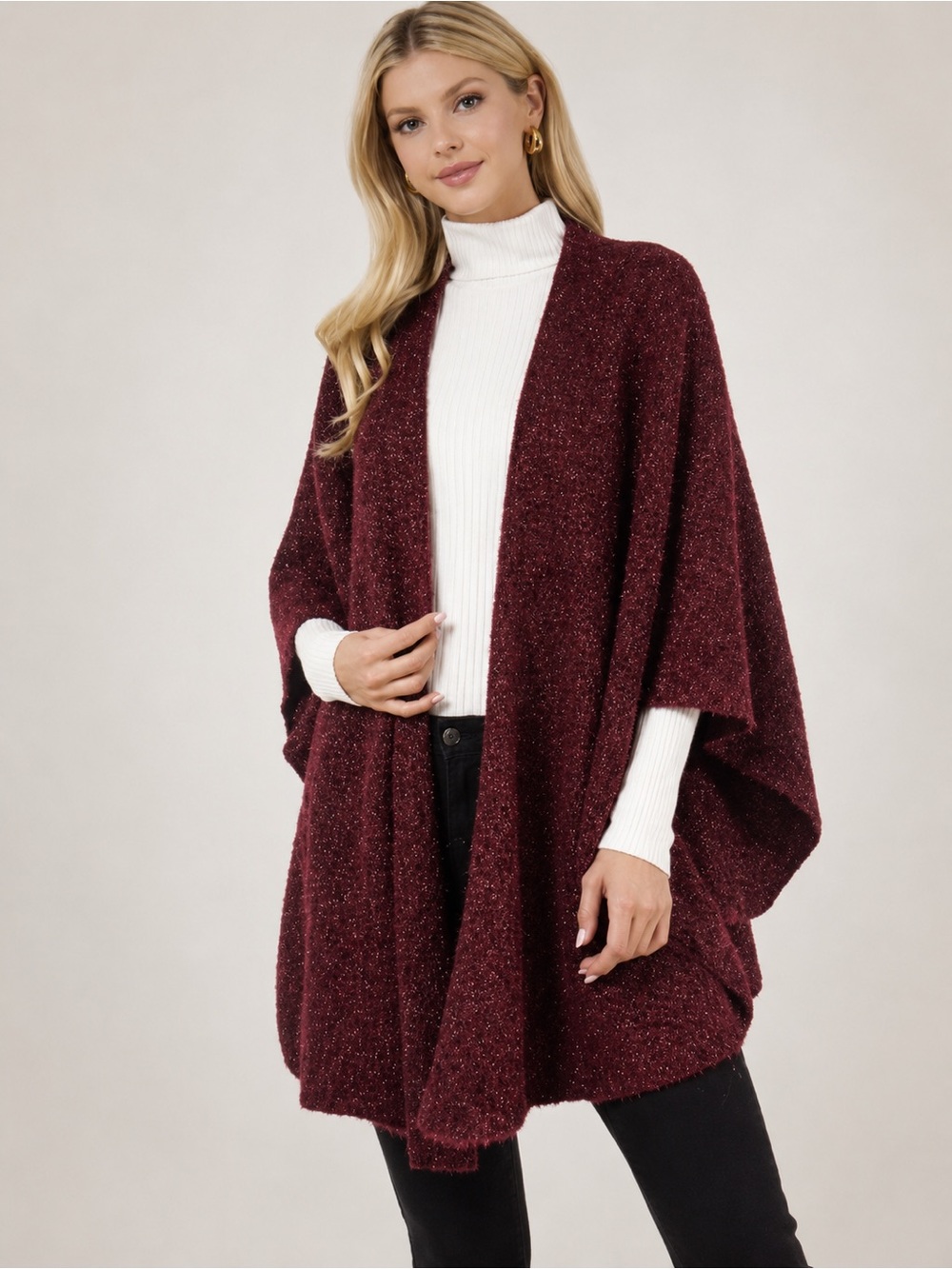 Eyelash Metallic Ruana in Burgundy